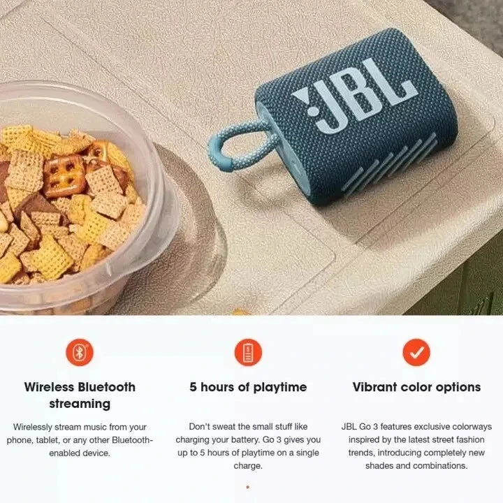 JBL-GO3 Alto-falante Bluetooth sem fio, portátil, impermeável, ao ar livre, es