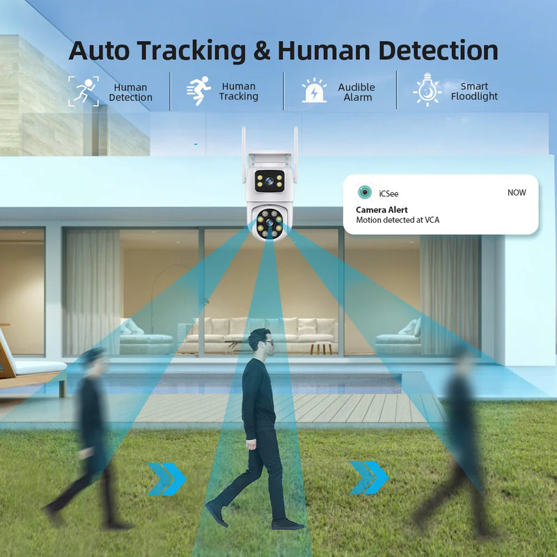 Câmera ICSEE de Vigilância ao Ar Livre 8MP - Lente Dupla/Tela Dupla, Rastreamento Automático AI, Vídeo IP WiFi, PTZ CCTV, Áudio suporte DVR e NVR Intelbras.