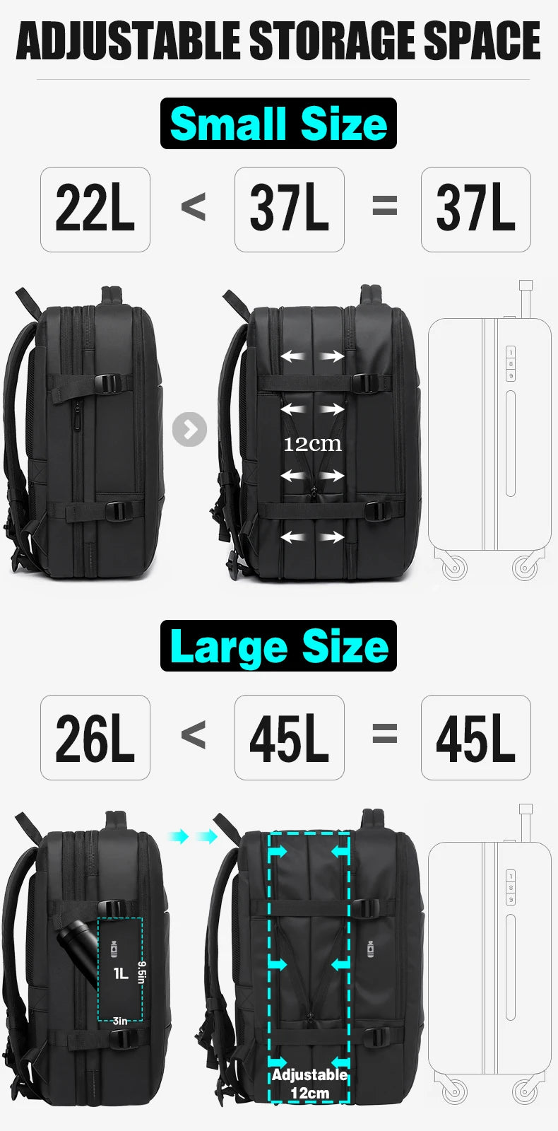 Mochila de Viagem com carregador USB Expansível para Homens, Mala para Viajem Grande Capacidade, Impermeável, Para Laptop até 17.3 Polegadas - BrasBest