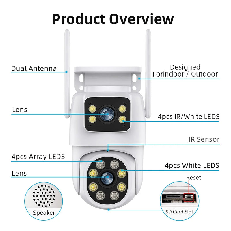 Câmera ICSEE de Vigilância ao Ar Livre 8MP - Lente Dupla/Tela Dupla, Rastreamento Automático AI, Vídeo IP WiFi, PTZ CCTV, Áudio suporte DVR e NVR Intelbras.