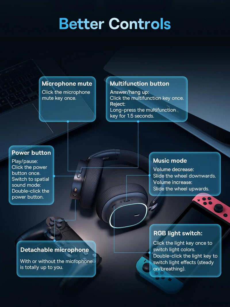 Headphone Baseus-Wireless Gaming com microfone, Bluetooth 5.3 - BrasBest