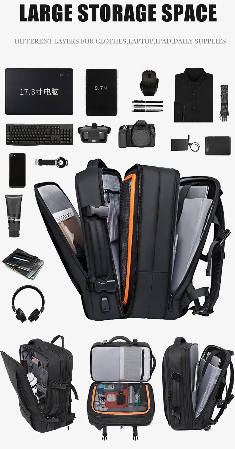 Mochila de Viagem com carregador USB Expansível para Homens, Mala para Viajem Grande Capacidade, Impermeável, Para Laptop até 17.3 Polegadas - BrasBest