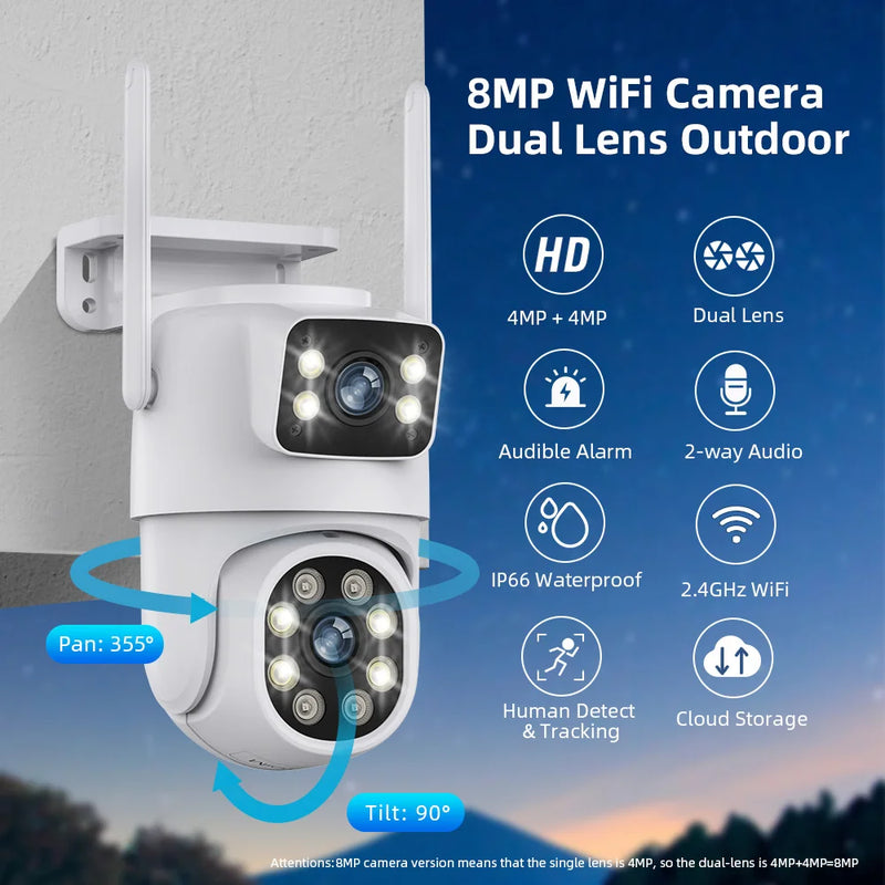 Câmera ICSEE de Vigilância ao Ar Livre 8MP - Lente Dupla/Tela Dupla, Rastreamento Automático AI, Vídeo IP WiFi, PTZ CCTV, Áudio suporte DVR e NVR Intelbras.