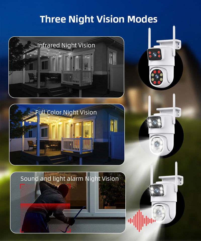 Câmera ICSEE de Vigilância ao Ar Livre 8MP - Lente Dupla/Tela Dupla, Rastreamento Automático AI, Vídeo IP WiFi, PTZ CCTV, Áudio suporte DVR e NVR Intelbras.