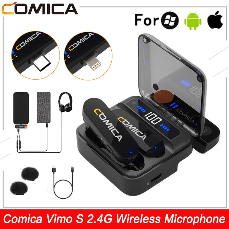 Microfone de Lapela Comica Vimo S 2.4G Sem Fio - Compacto com Estojo de Carregamento