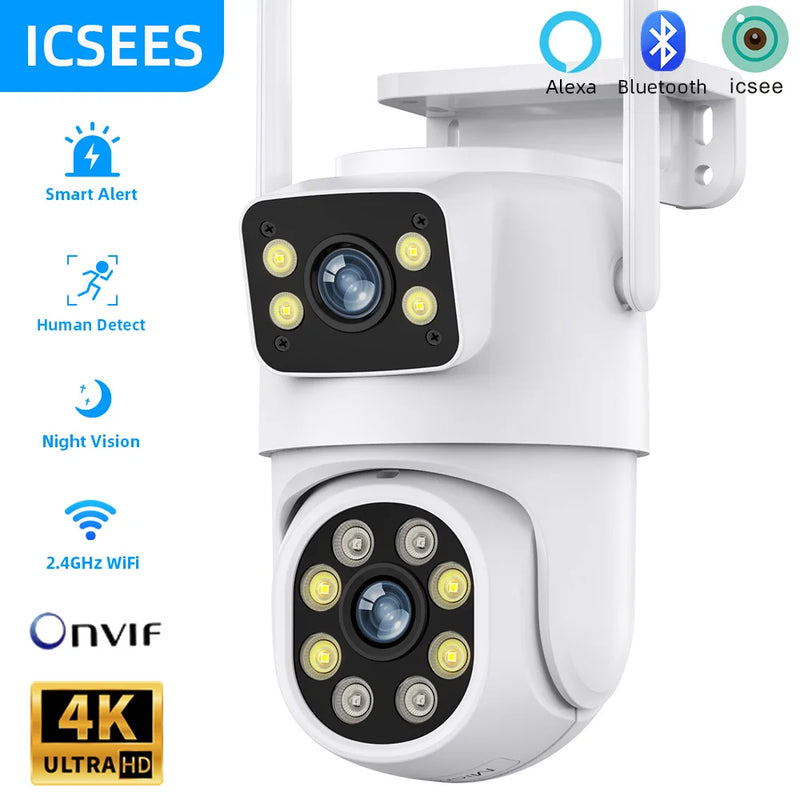 Câmera ICSEE de Vigilância ao Ar Livre 8MP - Lente Dupla/Tela Dupla, Rastreamento Automático AI, Vídeo IP WiFi, PTZ CCTV, Áudio suporte DVR e NVR Intelbras.